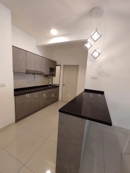 Kitchen features: grey cabinetry, black granite countertop, stainless-steel sink, chrome pull-down faucet, built-in oven, freestanding range oven, recessed downlights, pendant light with geometric design, white painted walls, glossy tile flooring; style: modern.