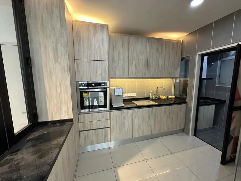 Kitchen features: laminate cabinetry in light wood finish, black granite countertop, stainless-steel sink, chrome pull-down faucet, built-in oven, built-in microwave, ceramic tile flooring, recessed LED downlights, wall-mounted cabinets, open shelving, sliding glass door to utility area, grey tiled backsplash; style: modern.