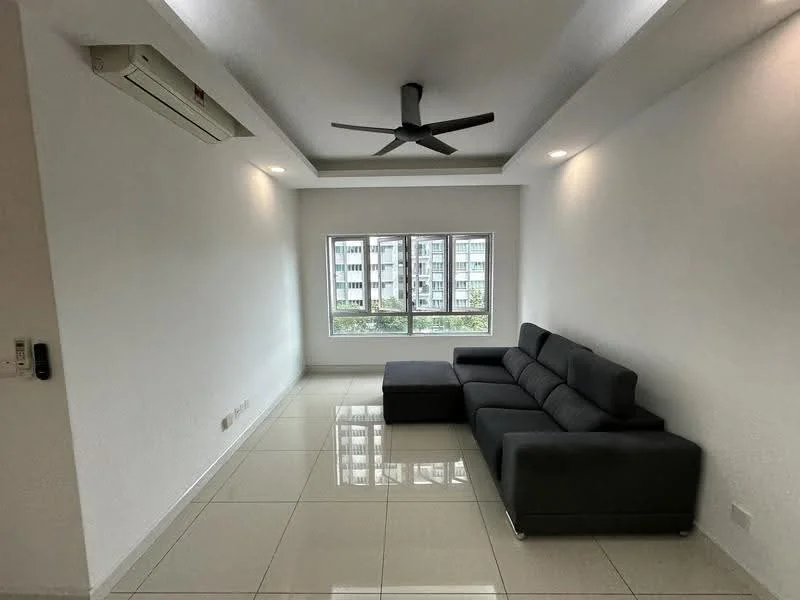 Living features: white painted walls, polished ceramic tile flooring, 5-blade ceiling fan with light, floor-to-ceiling windows, black fabric sectional sofa, coffee table, air conditioning unit, natural light from windows; style: modern; view: city.
