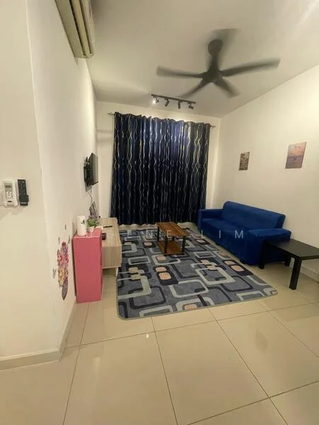 Living features: blue fabric sofa, coffee table, wall-mounted TV, area rug with geometric pattern, white painted walls, cream tiled flooring, 5-blade ceiling fan, curtains with blue and white stripes, decorative wall art; style: modern.