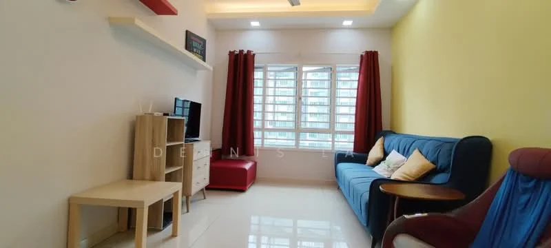 Living features: blue fabric sofa, red ottoman, light wooden coffee table, TV console, wall-mounted TV, floor-to-ceiling windows, red curtains, white walls, recessed downlights, glossy tile flooring; style: modern; view: city.