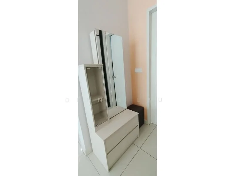 Room features: white dresser with mirror, two drawers, light-colored walls, floor tiles, door, neutral decor; style: modern.