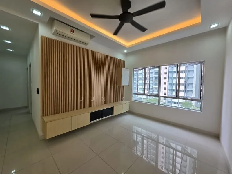 Living features: white painted walls, light-colored wooden feature wall, glossy tile flooring, recessed ceiling with LED lighting, 5-blade ceiling fan, wall-mounted air conditioning unit, large windows, built-in TV console; style: modern; view: city.