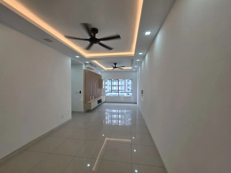 Living features: white painted walls, polished ceramic tile flooring, tray ceiling with recessed LED lighting, 2 ceiling fans, floor-to-ceiling windows, curtains, air conditioning unit, open layout; style: modern; view: city.