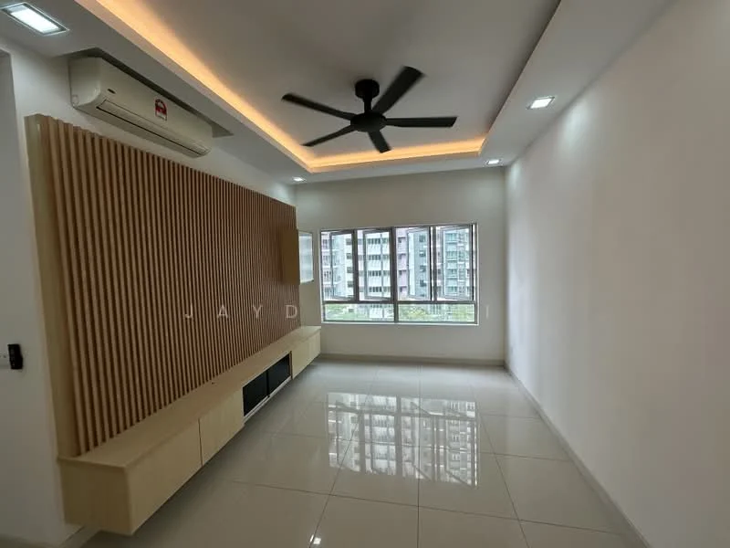 Living features: white painted walls, glossy ceramic tile flooring, 5-blade ceiling fan with light, recessed downlights, wood feature wall, built-in TV console, floor-to-ceiling windows, curtains, air conditioning unit; style: modern; view: city.
