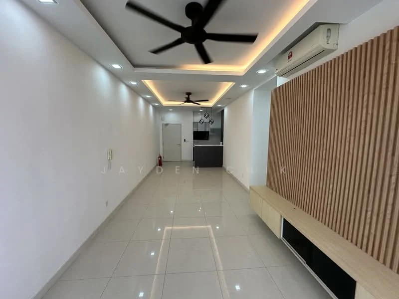 Room features: white painted walls, polished ceramic tile flooring, 5-blade ceiling fan with light, recessed LED downlights, wood feature wall, built-in TV console, air conditioning unit, open layout; style: modern.