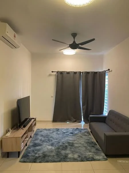 Living features: 3-seater fabric sofa in grey, wall-mounted TV, TV console, area rug with abstract pattern, ceiling fan, wall-mounted split AC, curtains in dark grey, light fixture on ceiling, tiled flooring, neutral painted walls; style: modern.