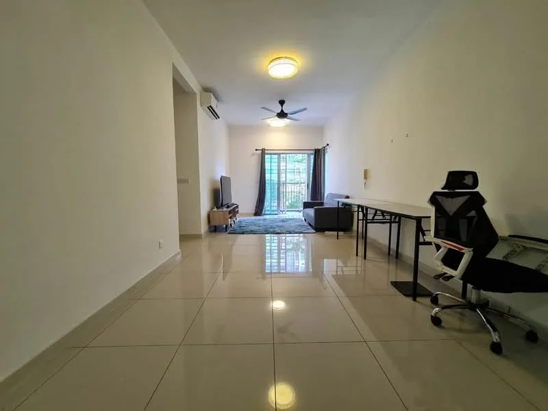 Living features: white painted walls, glossy ceramic tile flooring, 5-blade ceiling fan with light, sofa in grey, coffee table, TV console, wall-mounted TV, large sliding glass door, curtains, desk with chair, area rug with geometric pattern; style: modern; view: garden.