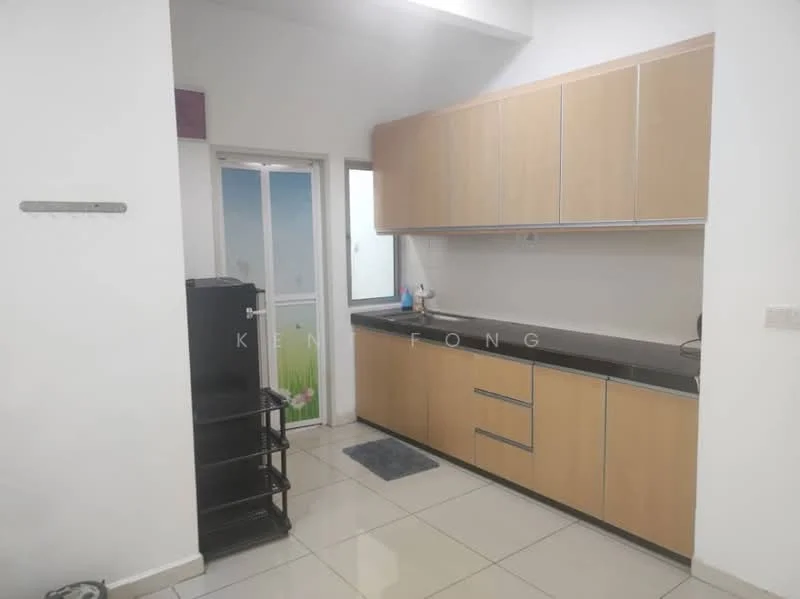 Kitchen features: light wood cabinetry, black countertop, stainless-steel sink, single-bowl sink, built-in kitchen cabinets, ceramic tile flooring, refrigerator, sliding glass door, window with view, wall-mounted shelf; style: modern; view: garden.