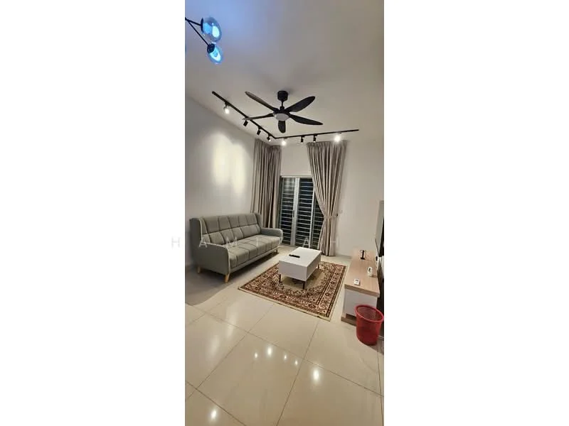 Living features: 3-seater fabric sofa in grey, coffee table, area rug with geometric pattern, wall-mounted TV, 5-blade ceiling fan with integrated LED light, floor-to-ceiling windows with sheer curtains, cream painted walls, polished ceramic tile flooring; style: modern.