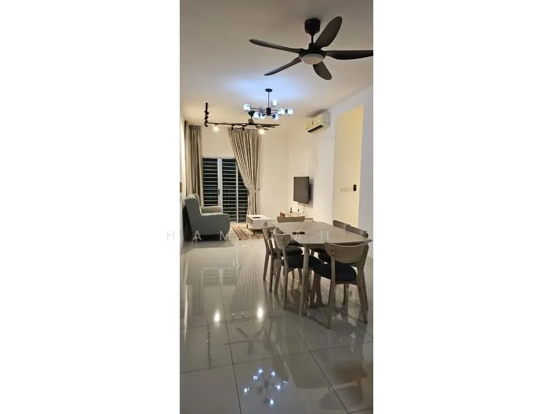 Living features: 3-blade ceiling fan, chandelier with multiple bulbs, white painted walls, glossy tile flooring, large windows with sheer curtains, green fabric sofa, dining table with 6 chairs, air conditioning unit on wall, decorative wall art, light-colored curtains; style: modern.