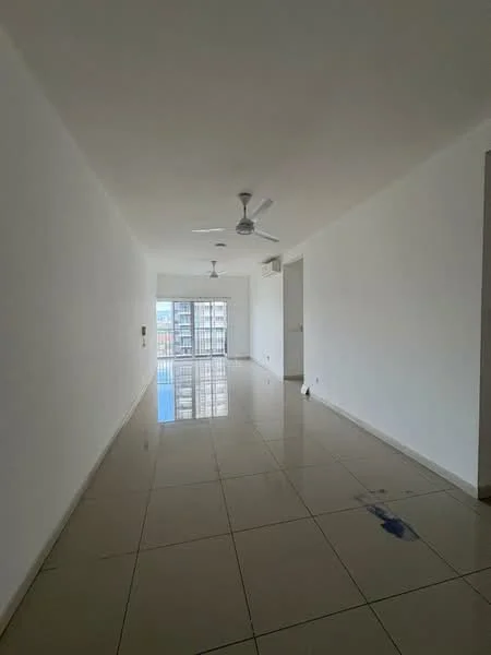 Room features: white painted walls, glossy ceramic tile flooring, 2 ceiling fans, floor-to-ceiling windows, natural light from windows, open layout, neutral color scheme; style: modern; view: city.