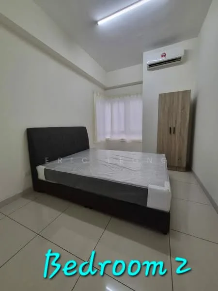 Bedroom features: queen-size bed, upholstered headboard, white walls, tile flooring, floor-to-ceiling window, sheer curtains, wall-mounted split AC, built-in wardrobe; style: modern.