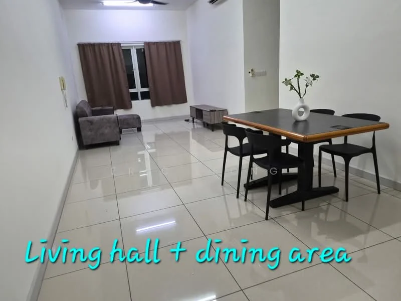 Living features: white painted walls, glossy ceramic tile flooring, 5-blade ceiling fan, floor-to-ceiling window, curtains, grey fabric sofa, dining table with wooden top, 4 black dining chairs, decorative vase on table; style: modern.