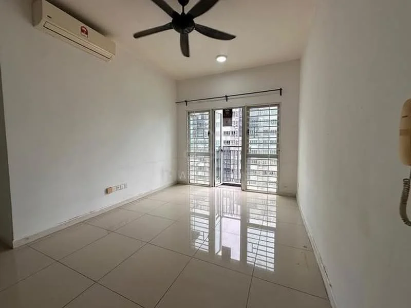 Living features: white painted walls, glossy tile flooring, 5-blade ceiling fan, wall-mounted split AC, floor-to-ceiling sliding glass doors, balcony access, natural light from windows, curtain rod; style: modern; view: city.