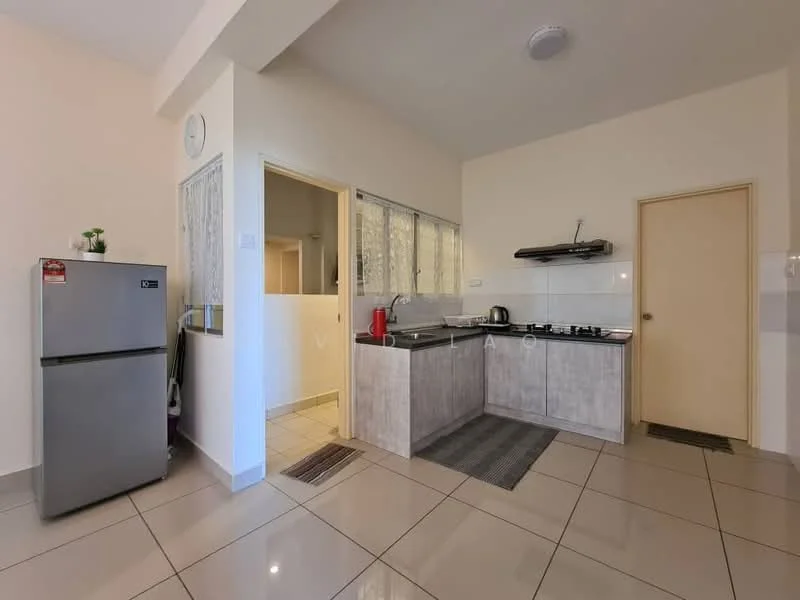 Kitchen features: grey laminate cabinetry, stainless-steel sink, chrome pull-down faucet, built-in gas hob, exhaust hood, white tiled backsplash, ceramic tile flooring, refrigerator, window with sheer curtains, countertop space, kitchen mat; style: modern.