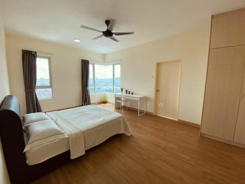 Bedroom features: king-size bed with white bedding, upholstered headboard, 2 bedside tables, floor-to-ceiling windows, curtains, wooden flooring, ceiling fan, built-in wardrobe, neutral wall color, natural light, city view; style: modern; view: city.