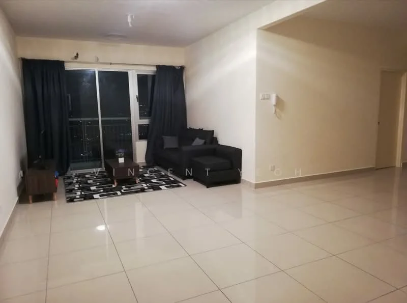 Living features: large floor-to-ceiling windows, black fabric sofa, area rug with geometric pattern, white painted walls, glossy ceramic tile flooring, blackout curtains, wall-mounted light fixture, open layout, city view; style: modern; view: city.