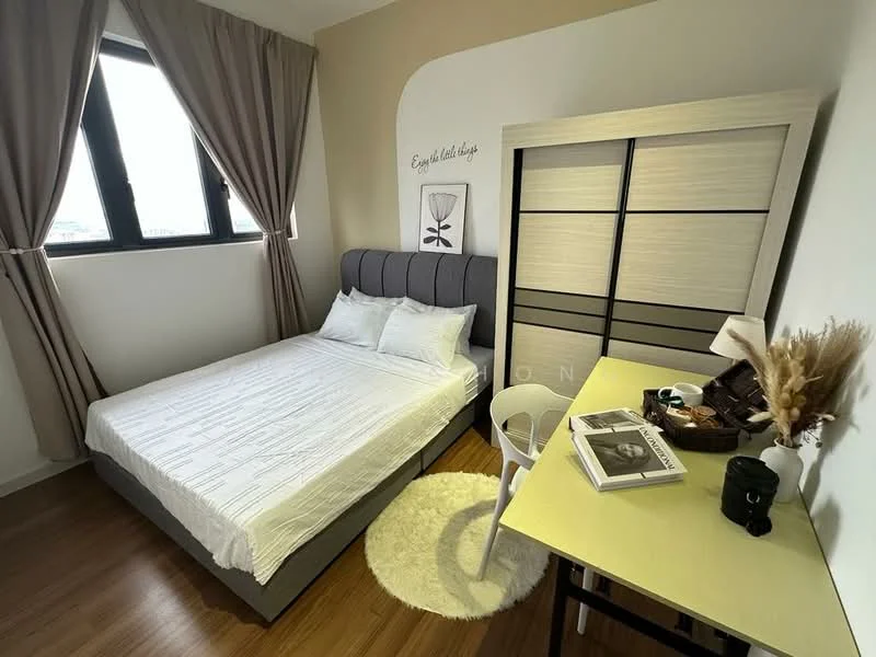 Bedroom features: queen-size bed with grey upholstered headboard, white bedding, wooden flooring, two windows with black frames, beige painted walls, curtains in light beige, white area rug, study desk with yellow tabletop, white chair, decorative vase with dried flowers, framed artwork on wall; style: modern; view: city.