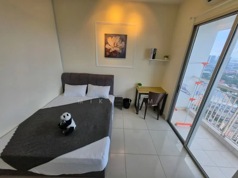 Bedroom features: queen-size bed with grey upholstered headboard, white bedding, decorative throw blanket, panda plush toy, white walls, tile flooring, floor-to-ceiling windows, curtains, small study table, chair, wall-mounted shelf, framed artwork, city view; style: modern; view: city.