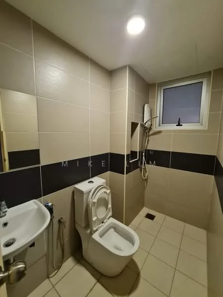 Bathroom features: white toilet, chrome bidet spray, single-sink vanity with wall-mounted faucet, tile flooring, cream wall tiles, dark accent tiles, shower area with handheld shower, window for natural light, recessed lighting; style: modern.