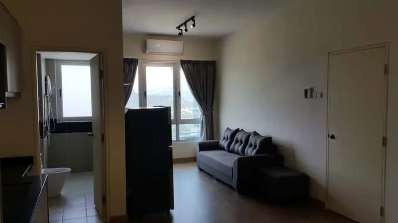 Living features: 3-seater fabric sofa in grey, floor-to-ceiling windows, curtains, wall-mounted air conditioning unit, laminate flooring, recessed ceiling lights, coffee table, TV console; style: modern; view: city. Bathroom features: toilet, shower, tile flooring, wall-mounted shower head.
