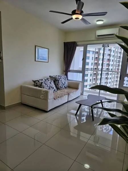 Living features: 3-seater fabric sofa with floral pattern, coffee table, floor-to-ceiling windows, sliding glass door, curtains, ceiling fan with light, wall-mounted split AC, glossy tile flooring, light-colored painted walls, decorative wall art; style: modern; view: city.