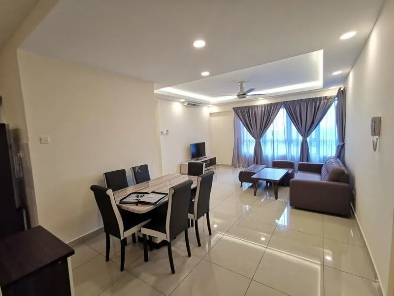 Living features: cream painted walls, glossy ceramic tile flooring, recessed downlights, 5-blade ceiling fan with light, floor-to-ceiling windows with sheer curtains, L-shape sectional sofa in brown, coffee table, TV console, wall-mounted TV, dining table with 6 chairs; style: modern.