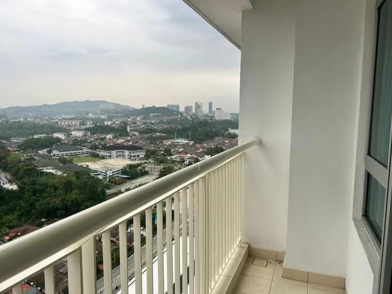 Room features: balcony, white painted walls, tile flooring, metal railing, city view, outdoor space; view: city.