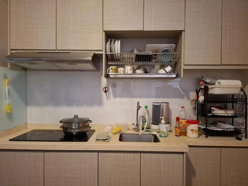 Kitchen features: light brown cabinetry, granite countertop, single-bowl stainless-steel sink, chrome pull-down faucet, built-in stove with hood, dish rack, various kitchen utensils, bottle of dish soap, plastic container, small appliance rack; style: modern.