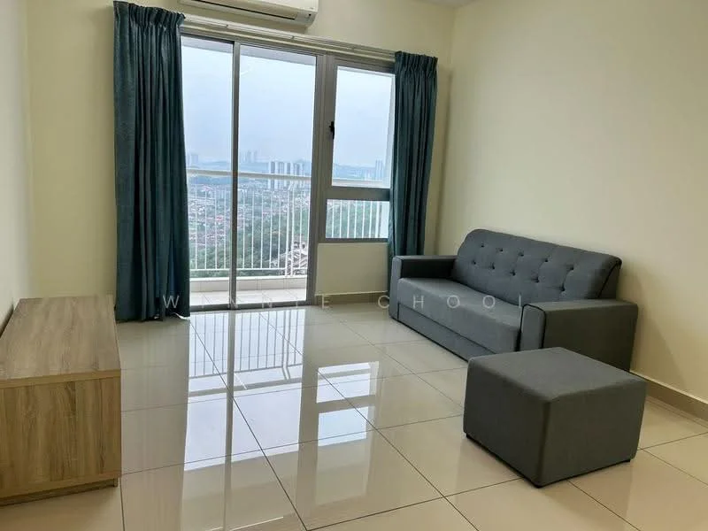Living features: grey fabric sofa, single ottoman, wooden TV console, floor-to-ceiling windows, curtains in teal, glossy tile flooring, air conditioning unit, city view; style: modern; view: city.