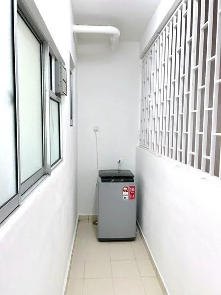 Laundry features: top-load washing machine, white walls, light-colored tile flooring, window with metal grille, plumbing for water supply, ventilation pipe, narrow corridor layout.