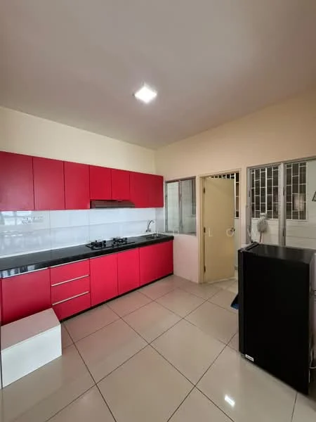 Kitchen features: red cabinetry, black countertop, stainless-steel gas hob, stainless-steel range hood, single-bowl stainless-steel sink, chrome pull-down faucet, white tiled backsplash, ceramic tile flooring, refrigerator, window with security grille, door leading to utility area; style: modern.