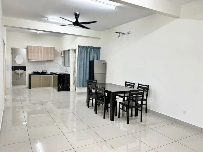 Living features: white painted walls, glossy ceramic tile flooring, 5-blade ceiling fan with light, dining table with 6 black chairs, kitchenette with black and wood cabinetry, stainless-steel fridge, gas stove with hood, window with blue curtain, open layout, recessed lighting; style: modern.