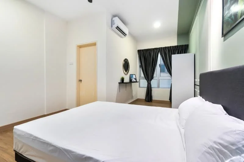 Bedroom features: queen-size bed, white bedding, wooden flooring, wall-mounted air conditioning unit, floor-to-ceiling window, blackout curtains, light-colored painted walls, built-in wardrobe, small shelf or console table, decorative mirror; style: modern.