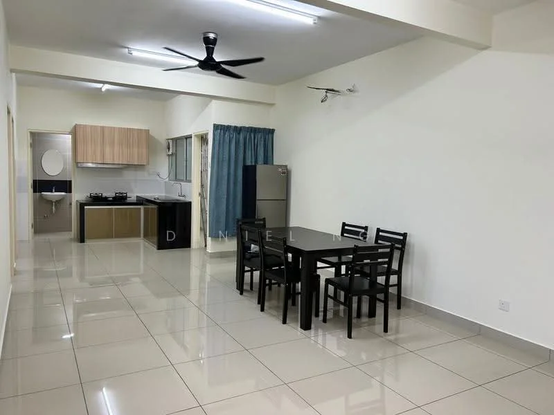 Living features: glossy ceramic tile flooring, white painted walls, 5-blade ceiling fan with light, dining table with 4 black chairs, stainless-steel fridge, built-in kitchen cabinetry, gas stove with 2 burners, kitchen countertop, window with blue curtain, sink with faucet, wall-mounted mirror; style: modern.