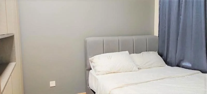 Bedroom features: queen-size bed, upholstered headboard, grey painted walls, light-colored bedding, curtains, built-in wardrobe, wooden flooring; style: modern.