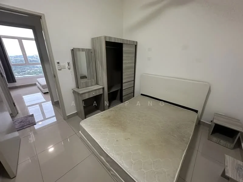Bedroom features: queen-size bed, upholstered headboard, wooden bedside tables, built-in wardrobe with sliding doors, dressing table with mirror, white painted walls, glossy tile flooring, ceiling fan; style: modern; view: city.