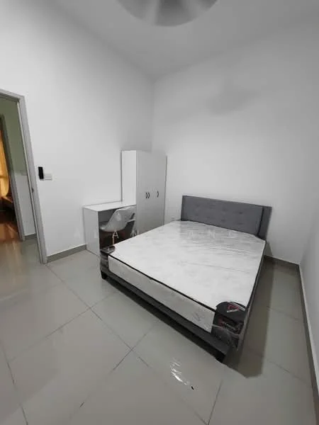 Bedroom features: queen-size bed, upholstered headboard, white walls, grey tiled flooring, ceiling fan, built-in wardrobe, study desk, chair; style: modern.