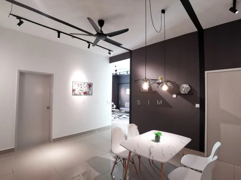 Dining features: white marble dining table, 4 white plastic dining chairs, black accent wall, white painted walls, recessed LED downlights, 3-blade ceiling fan with light, track lighting, decorative wall art, glossy floor tiles; style: modern. Room features: grey painted wall, doorway leading to another room.