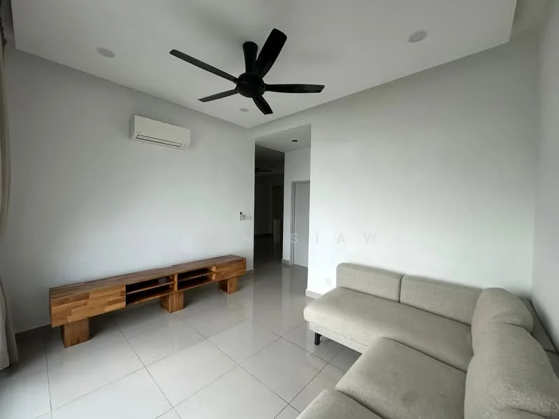 Living features: light grey painted walls, white ceiling, 5-blade ceiling fan in black, large window with sheer curtains, white tiled flooring, light beige fabric sofa, wooden TV console with open shelving, air conditioning unit mounted on wall; style: modern.