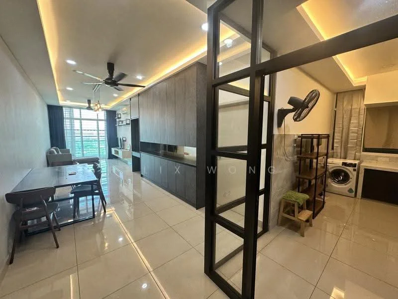 Living features: white painted walls, glossy tile flooring, 5-blade ceiling fan with light, recessed downlights, floor-to-ceiling windows, black framed glass partition, wooden dining table, 4 dining chairs, built-in cabinetry, washing machine, open shelving, sofa, decorative wall art; style: modern; view: city.