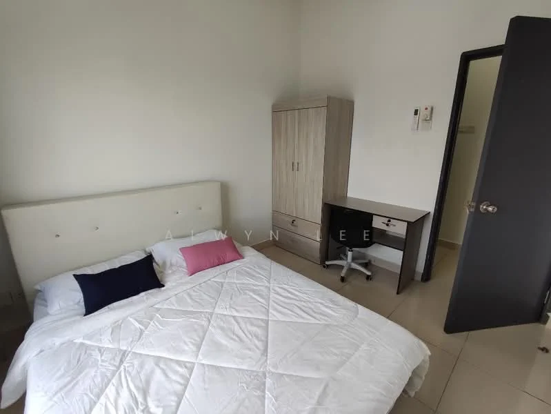 Bedroom features: queen-size bed with white bedding, upholstered headboard, two decorative pillows in pink and navy, wooden wardrobe with light wood finish, study desk with black top and white legs, rolling office chair, cream painted walls, tile flooring, single window with no visible treatment; style: minimalist.