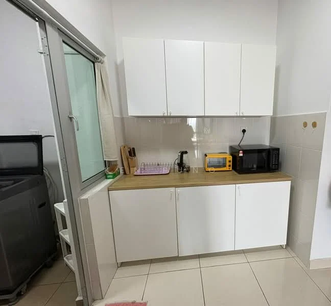 Kitchen features: white cabinetry, wood countertop, stainless-steel sink, chrome faucet, microwave, toaster, built-in cabinets, tile backsplash, ceramic tile flooring, window with sheer curtains; style: modern.