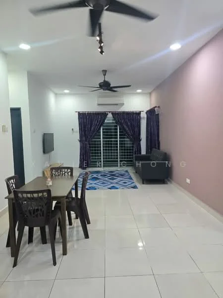 Living features: white painted walls, grey accent wall, ceramic tile flooring, 5-blade ceiling fan with light, recessed LED downlights, floor-to-ceiling windows, sliding glass door, purple curtains, dining table with four chairs, area rug with geometric pattern, wall-mounted TV; style: modern.