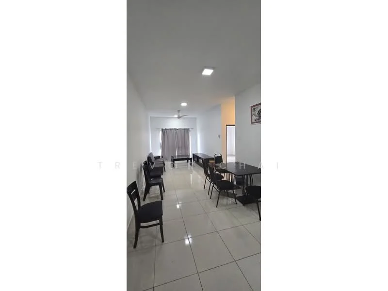 Dining features: white painted walls, glossy ceramic tile flooring, recessed LED downlights, 5-blade ceiling fan, large window with sheer curtains, dining table, black dining chairs, neutral color decor; style: modern.