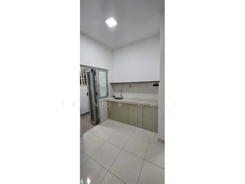 Kitchen features: light-colored cabinetry, single-bowl stainless-steel sink, chrome pull-down faucet, white tiled backsplash, ceramic tile flooring, recessed ceiling lights, countertop with storage drawers, built-in appliances, sliding glass door, wall-mounted cabinets; style: modern.