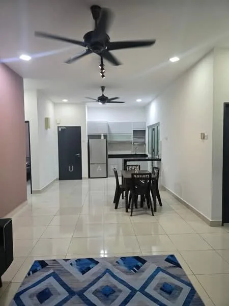 Living features: white painted walls, grey accent wall, polished ceramic tile flooring, 5-blade ceiling fan with light, dining table with 4 chairs, refrigerator, open kitchen layout, area rug with geometric pattern, windows with no treatments, light fixtures in ceiling; style: modern.
