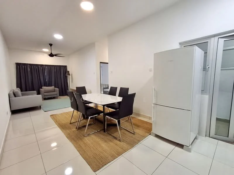 Dining features: 6-seater dining table, black upholstered dining chairs, white refrigerator, ceiling fan, grey curtains, neutral wall colour, tile flooring, area rug; style: modern. Living features: 3-seater fabric sofa in grey, light blue area rug, neutral wall colour, tile flooring; style: modern.