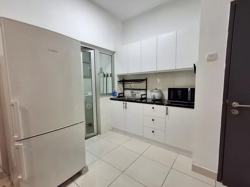 Kitchen features: white cabinetry, black countertop, stainless-steel fridge, built-in microwave, ceramic tile flooring, window with glass panes, sink with faucet, kitchen utensils on countertop, wall-mounted shelves; style: modern.